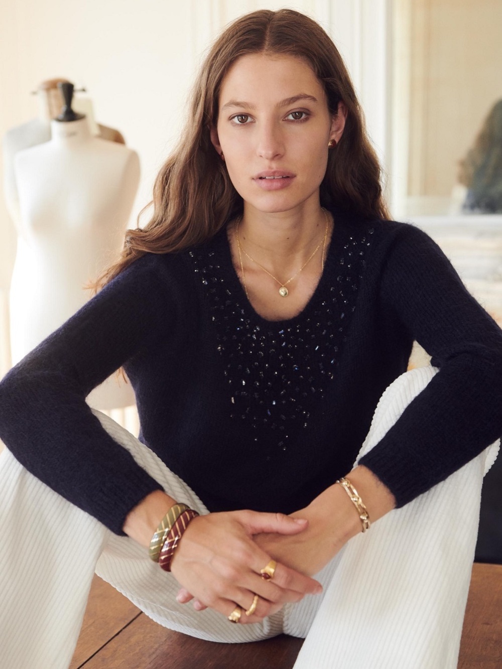 Sezane Hugues Embellished Sweater in Marine